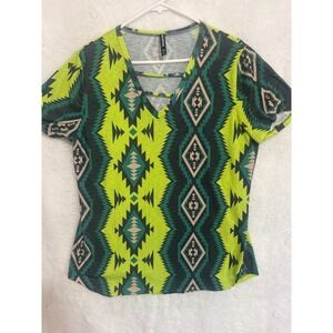 Crazy Train Womens Top L Green Jacket Geometric Print V Neck Short Sleeve Casual